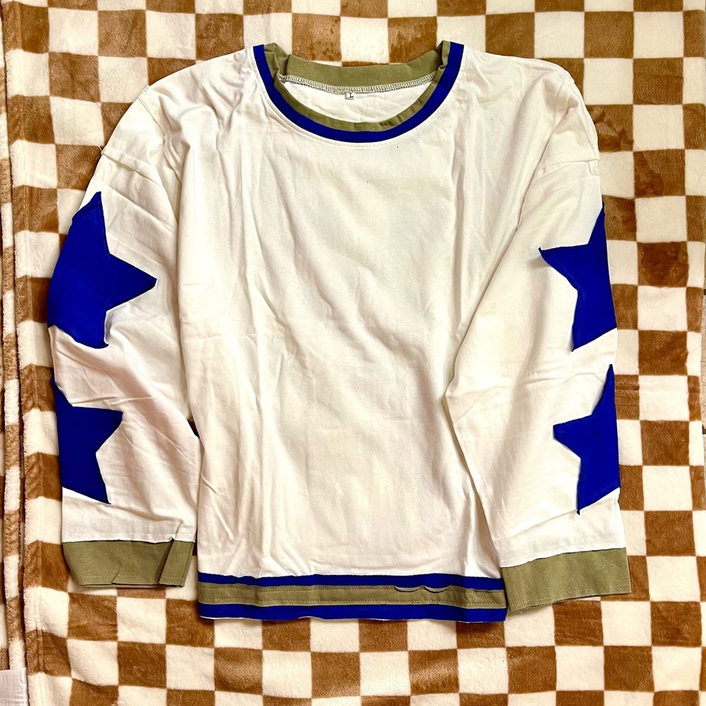 White and Blue Star Sleeve Sweater
